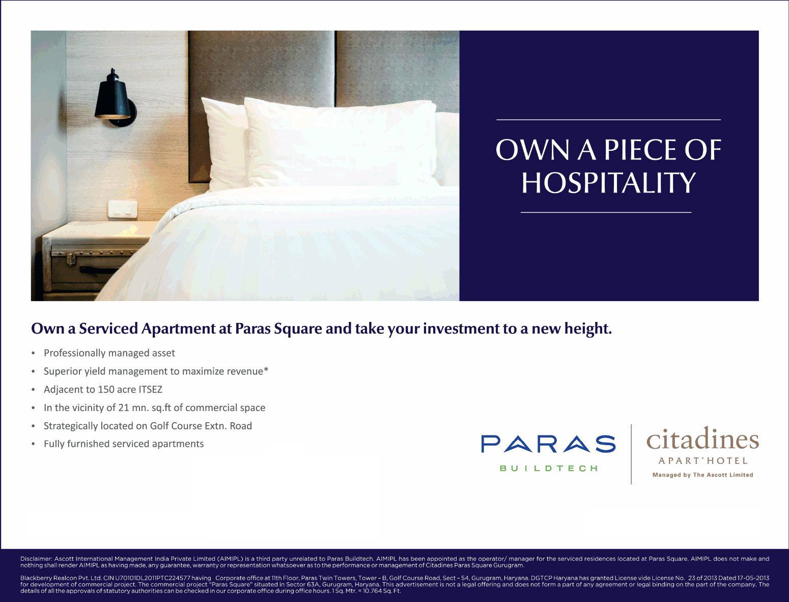 Own a service apartments at Paras Sqaure & take your investment to a new height in Gurgaon Update